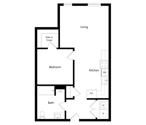 Floor plan for 1 bed, 1 bath, 681 sqft